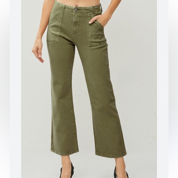 RISEN High Rise Ankle Flare Patch Pocket Jeans